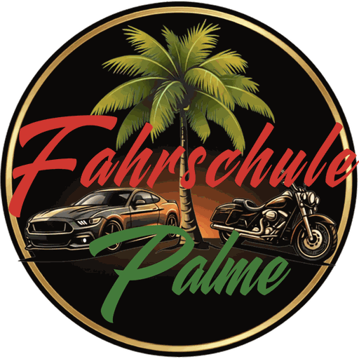Logo der Fahrschule Palme: Palme, Sportwagen und Motorrad im Sonnenuntergang